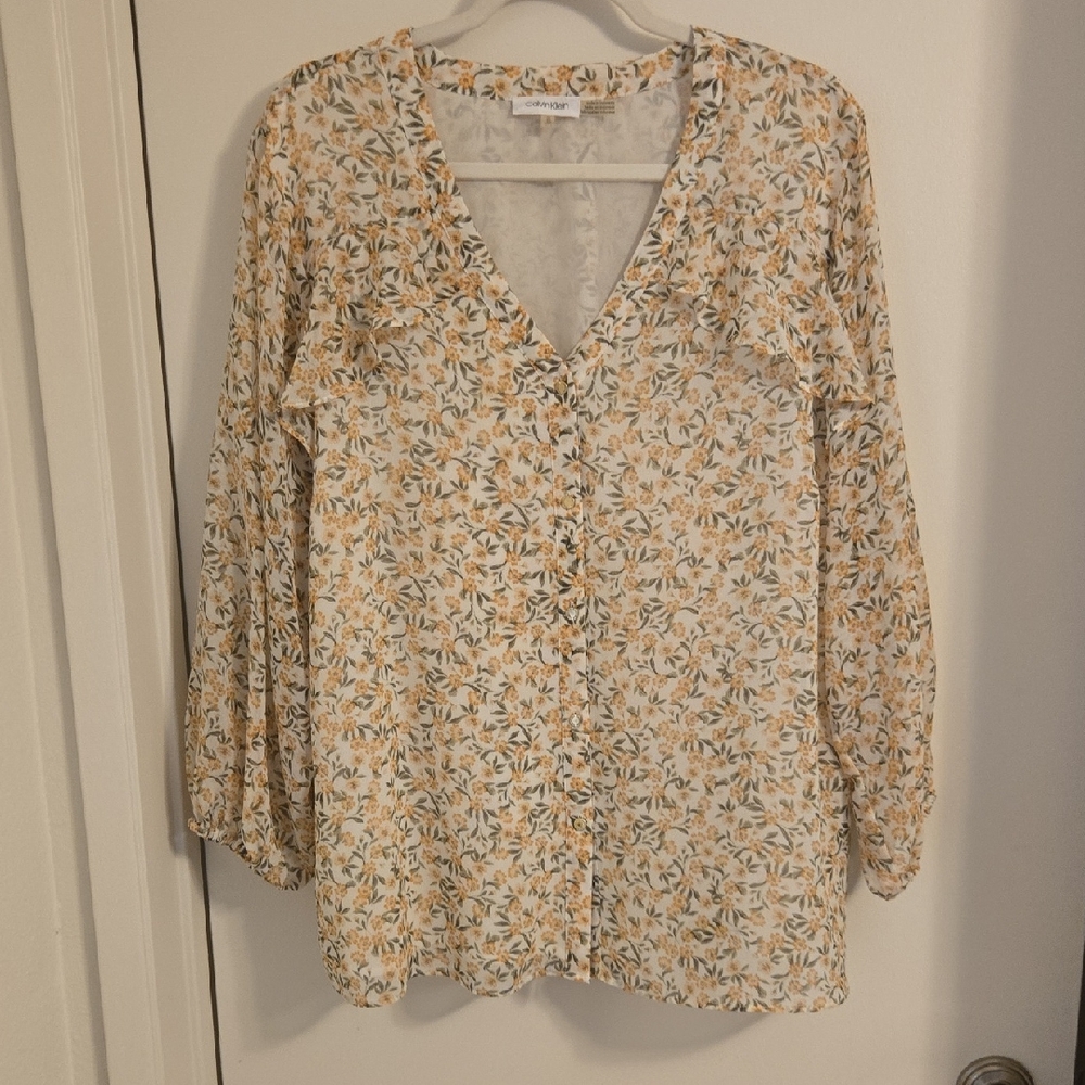 Calvin Klein Collection Floral V-Neck Blouse - Cream and Yellow